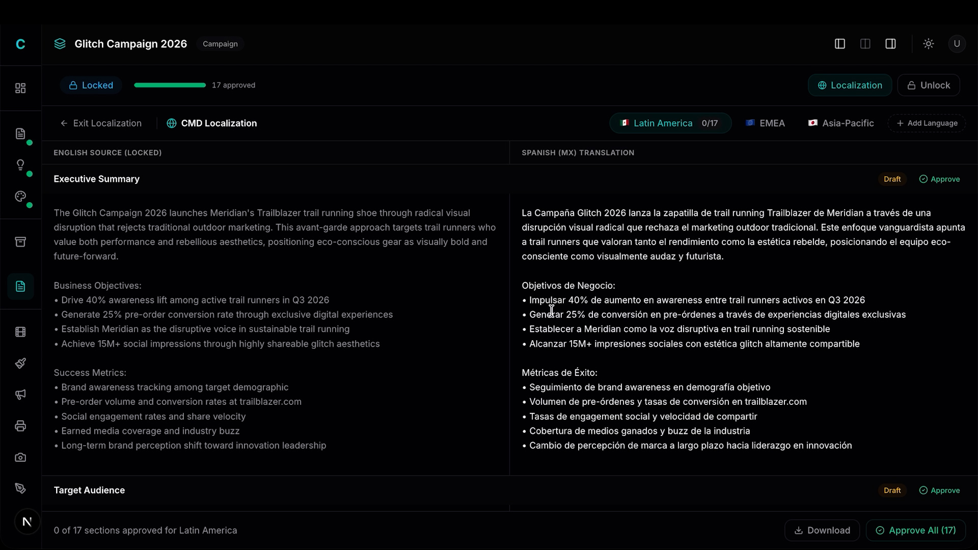 Localization view — English source and Spanish (MX) draft side by side